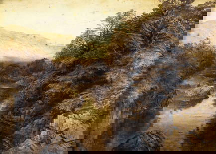 Charles Reginald Aston (UK,1832-1908) watercolor painting antique: ARTIST: Charles Reginald Aston (United Kingdom, 1832 - 1908) TITLE: Welsh Landscape YEAR: 1864 MEDIUM: watercolor on paper CONDITION: Minor paint losses. Some foxing. Some age toning. Framed under gla
