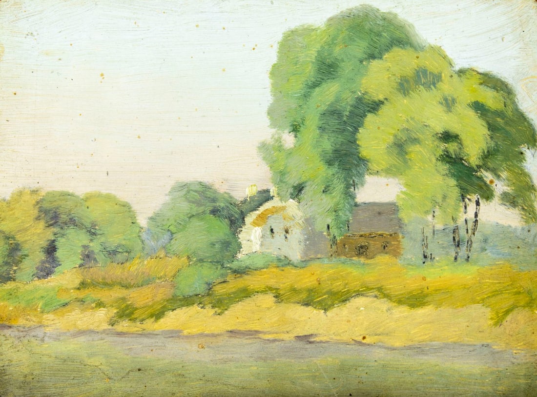 Antique early 20C American oil painting: ARTIST: - (American, early 20 century) TITLE: Country Landscape MEDIUM: oil on board CONDITION: Few small paint losses by the upper left and right corners. No visible inpaint under UV light. ART SIZE:
