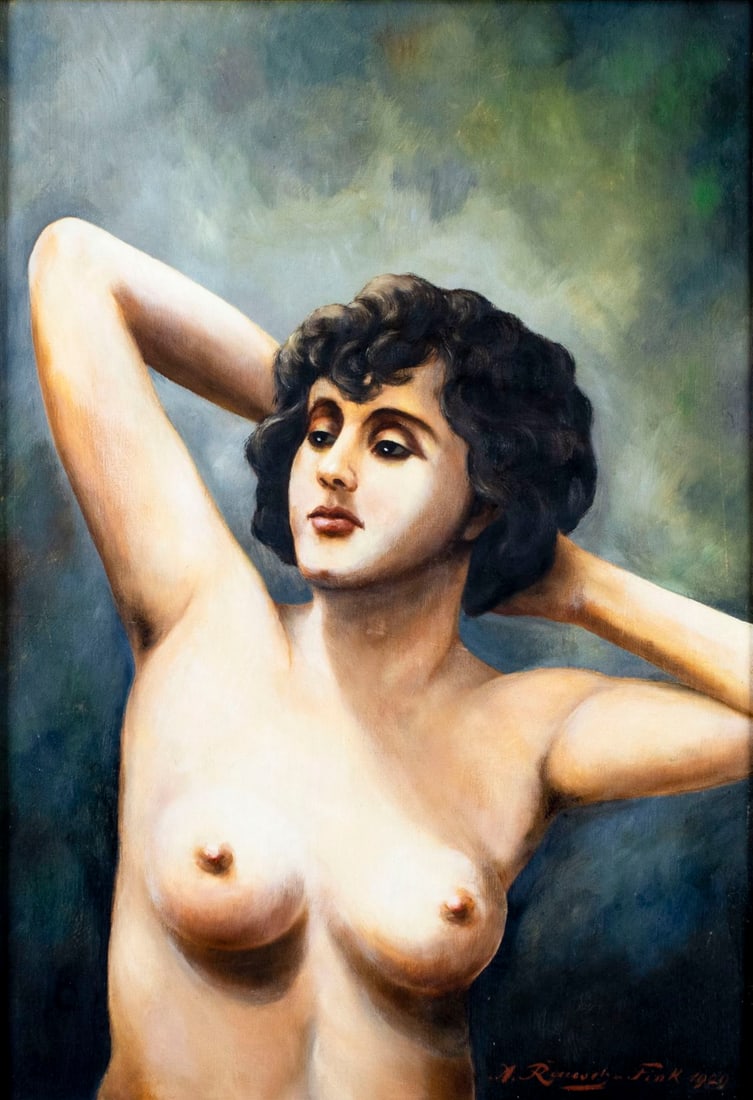 A Rausch Fink (German,early 20C) oil painting antique: ARTIST: A Rausch Fink (Germany, early 20 century) TITLE: Nude YEAR: 1929 MEDIUM: oil on board CONDITION: Minor paint losses. Few small vertical surface cracks. No visible inpaint under UV light. ART S