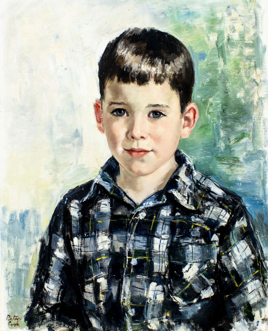 Peter Geoffrey Cook (NJ,ME,1915-1992) oil painting: ARTIST: Peter Geoffrey Cook (New Jersey, Maine, 1915 - 1992) TITLE: Portrait of Boy MEDIUM: oil on canvas CONDITION: Very good. No visible inpaint under UV light. ART SIZE: 20 x 16 inches / 50 x 40 cm