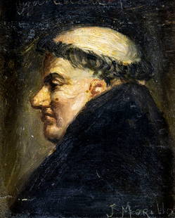 ATTR Jose Morillo Ferradas (Spain,1853-1920) oil painting antique: ARTIST: ATTRIBUTED TO Jose Morillo Ferradas (Spanish, 1853 - 1920) TITLE: Portrait of Monk MEDIUM: oil on board CONDITION: Few minor paint losses. No visible inpaint under UV light. Some small damages