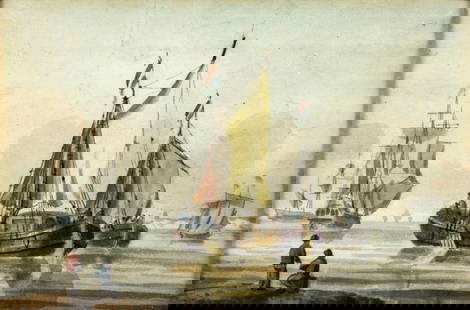 ATTR William Anderson (UK,1757-1837) watercolor painting antique: ARTIST: ATTRIBUTED TO William Anderson (United Kingdom, 1757 - 1837) TITLE: Seascape with Fishing Boats MEDIUM: watercolor on paper CONDITION: Some age toning. Framed under glass. Wear to frame. ART S
