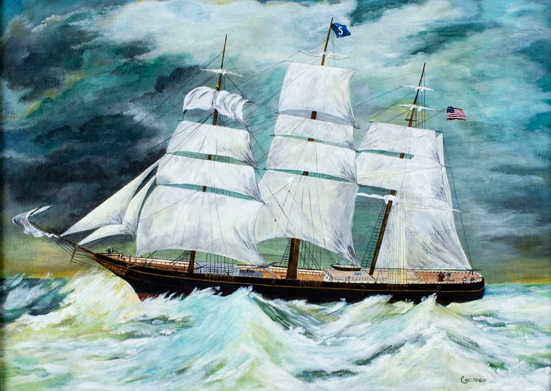 N Christensen (Maine,20C) oil painting: ARTIST: N Christensen (Maine, 20 century) TITLE: Sail Ship - Freeman Clark (titled on verso) MEDIUM: oil on canvas board CONDITION: Very good. No visible inpaint under UV light. ART SIZE: 20 x 28 inch