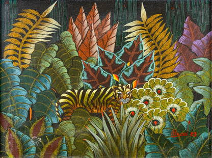 Andre Naval (Haiti,born 1949) oil painting: ARTIST: Andre Naval (Haitian, born 1949) TITLE: Haitian Jungle Scene YEAR: 1983 MEDIUM: oil on canvas CONDITION: Very good. No visible inpaint under UV light. ART SIZE: 9 x 12 inches / 22 x 30 cm FRAM