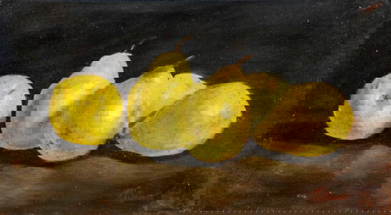 ATTR Edward Leavitt (RI,1842-1904) oil painting antique: ARTIST: ATTRIBUTED TO Edward C Leavitt (Rhode Island, 1842 - 1904) TITLE: Still Life with Pears MEDIUM: oil on canvas CONDITION: Few minor paint losses. Very minor craquelure. One small inpainting by