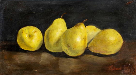 ATTR Edward Leavitt (RI,1842-1904) oil painting antique: ARTIST: ATTRIBUTED TO Edward C Leavitt (Rhode Island, 1842 - 1904) TITLE: Still Life with Pears MEDIUM: oil on canvas CONDITION: Few minor paint losses. Very minor craquelure. One small inpainting by