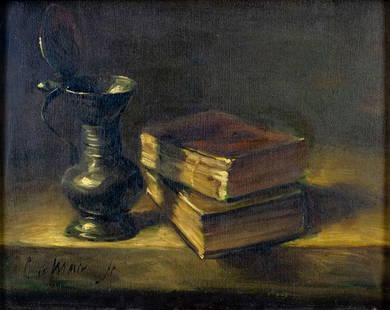 Cornelis Le Mair (Dutch,1944-?) oil painting: ARTIST: Cornelis Le Mair (Holland, 1944 - ???) TITLE: Still Life with Pitcher and Books MEDIUM: oil on board CONDITION: Few minor paint losses. No visible inpaint under UV light. ART SIZE: 10 x 12 inc