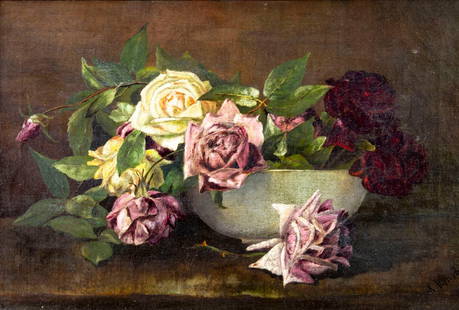 Antique 19C Dutch oil painting signed: ARTIST: - (Netherlands, 19 century) TITLE: Still Life with Roses MEDIUM: oil on canvas CONDITION: Few minor paint losses. Minor craquelure. No visible inpaint under UV light. Wear to frame. ART SIZE: