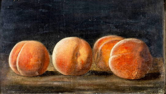 Antique 19C American oil painting signed: ARTIST: - (American, 19 century) TITLE: Still Life with Peaches YEAR: 1874 MEDIUM: oil on board CONDITION: Minor paint losses. Very minor craquelure. Some small scattered inpaintings. Some damages to