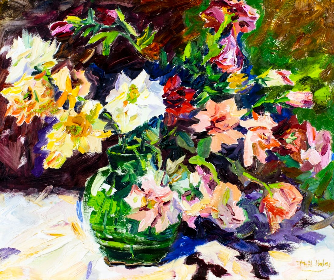 Phil Haley (NM,20C) oil painting: ARTIST: Phil Haley (New Mexico, 20 century) TITLE: Still Life - Rose Impressions (titled on label) MEDIUM: oil on board CONDITION: Very good. No visible inpaint under UV light. ART SIZE: 20 x 24 inche