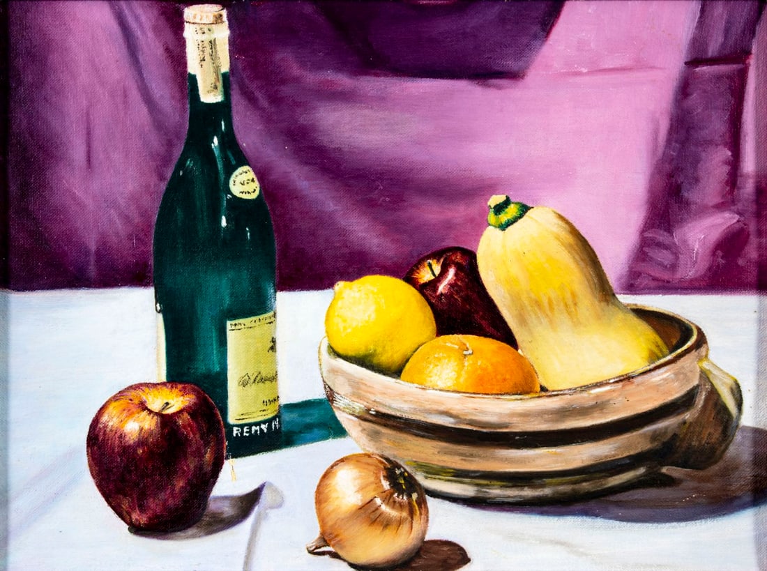 Kirsch (Ohio,20C) oil painting: ARTIST: Kirsch (Ohio, 20 century) TITLE: Still Life MEDIUM: oil on canvas board CONDITION: Few small paint losses. No visible inpaint under UV light. ART SIZE: 12 x 16 inches / 30 x 40 cm FRAME SIZE: 