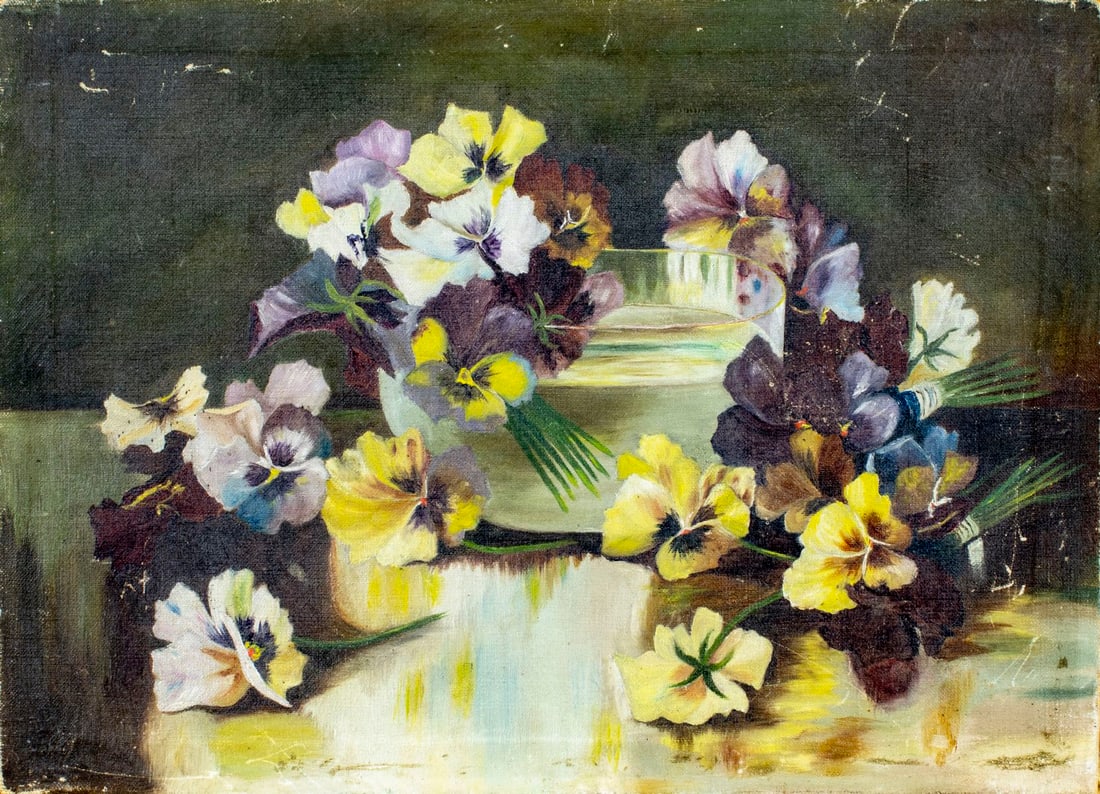 Antique early 20C American oil painting: ARTIST: - (American, early 20 century) TITLE: Still Life with Pansies MEDIUM: oil on canvas CONDITION: Small paint losses. Few faint scratches. No visible inpaint under UV light. ART SIZE: 10 x 14 inc