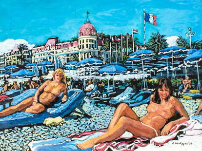 Evelyn Metzger (NY,Brazil,1911-2007) oil painting: ARTIST: Evelyn Borchard Metzger (New York, Brazilian, 1911 - 2007) TITLE: Beach Scene YEAR: 1999 MEDIUM: oil on board CONDITION: Few minor paint losses. Few faint scratches. No visible inpaint under U