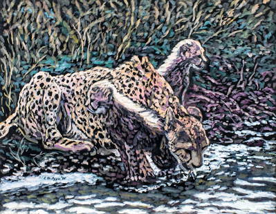 Evelyn Metzger (NY,Brazil,1911-2007) oil painting: ARTIST: Evelyn Borchard Metzger (New York, Brazilian, 1911 - 2007) TITLE: Cheetah Family (titled on verso) YEAR: 1995 MEDIUM: oil on board CONDITION: Few minor paint losses. No visible inpaint under U