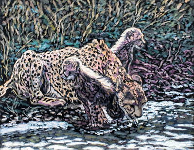 Evelyn Metzger (NY,Brazil,1911-2007) oil painting: ARTIST: Evelyn Borchard Metzger (New York, Brazilian, 1911 - 2007) TITLE: Cheetah Family (titled on verso) YEAR: 1995 MEDIUM: oil on board CONDITION: Few minor paint losses. No visible inpaint under