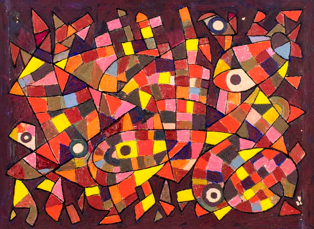 Martin Rosenthal (NY,MA,1899-1974) oil painting: ARTIST: Martin Rosenthal (New York, Massachusetts, 1899 - 1974) TITLE: Abstract Composition YEAR: 1967 MEDIUM: oil on heavy paper CONDITION: Two faint vertical crease lines along edges. Some small pai