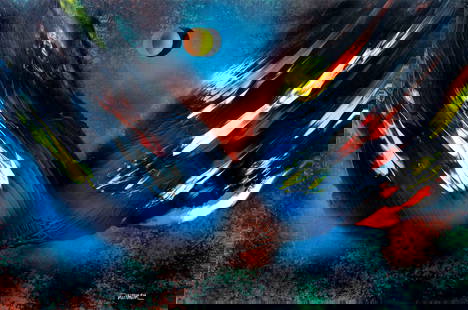 Leonardo Nierman (NY,Mexican,1932- 2023) acrylic painting: ARTIST: Leonardo Nerman (New York, Mexico, 1932 - 2023) TITLE: Fantasia (titled on verso) YEAR: 2003 MEDIUM: acrylic on board CONDITION: Few minor paint losses. No visible inpaint under UV light. ART