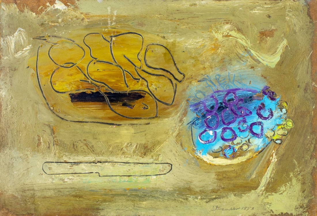 Sterling Strauser (PA,1907-1995) oil painting: ARTIST: Sterling Boyd Strauser (Pennsylvania, 1907 - 1995) TITLE: Still Life with Blueberry Pie YEAR: 1953 MEDIUM: oil on board CONDITION: Very good. No visible inpaint under UV light. ART SIZE: 17 x 