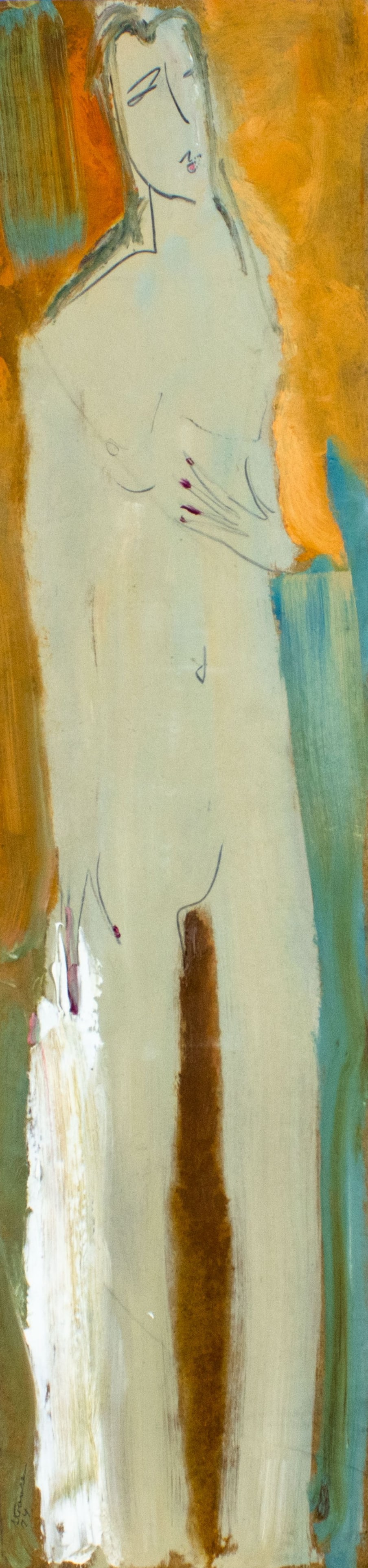 Sterling Strauser (PA,1907-1995) oil painting: ARTIST: Sterling Boyd Strauser (Pennsylvania, 1907 - 1995) TITLE: Nude YEAR: 1974 MEDIUM: oil on board CONDITION: Very good. No visible inpaint under UV light. ART SIZE: 48 x 12 inches / 121 x 30 cm F