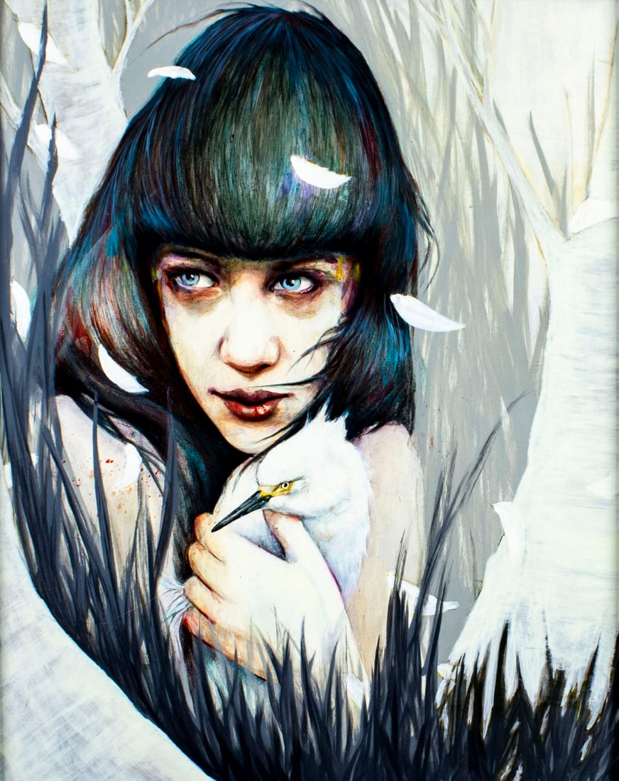 Michael Shapcott (CT,b 1982) acrylic painting: ARTIST: Michael Shapcott (Connecticut, born 1982) TITLE: In the Reeds MEDIUM: acrylic on canvas CONDITION: Very good. No visible inpaint under UV light. Small damages to frame. ART SIZE: 30 x 24 inche