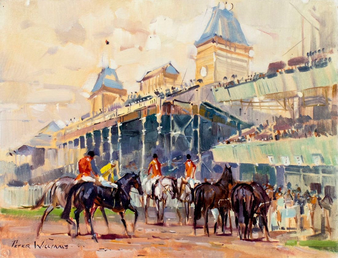 Peter Williams (NY,New Zealand,1934-2018) oil painting: ARTIST: Peter Williams (New York, New Zealand, 1934 - 2018) TITLE: Ellerslie MEDIUM: oil on canvas CONDITION: Very good. No visible inpaint under UV light. ART SIZE: 14 x 18 inches / 35 x 45 cm FRAME