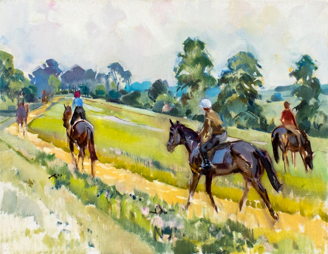 Peter Williams (NY,New Zealand,1934-2018) oil painting: ARTIST: Peter Williams (New York, New Zealand, 1934 - 2018) TITLE: Riding Out at Arundel MEDIUM: oil on canvas CONDITION: Very good. No visible inpaint under UV light. ART SIZE: 14 x 18 inches / 35 x