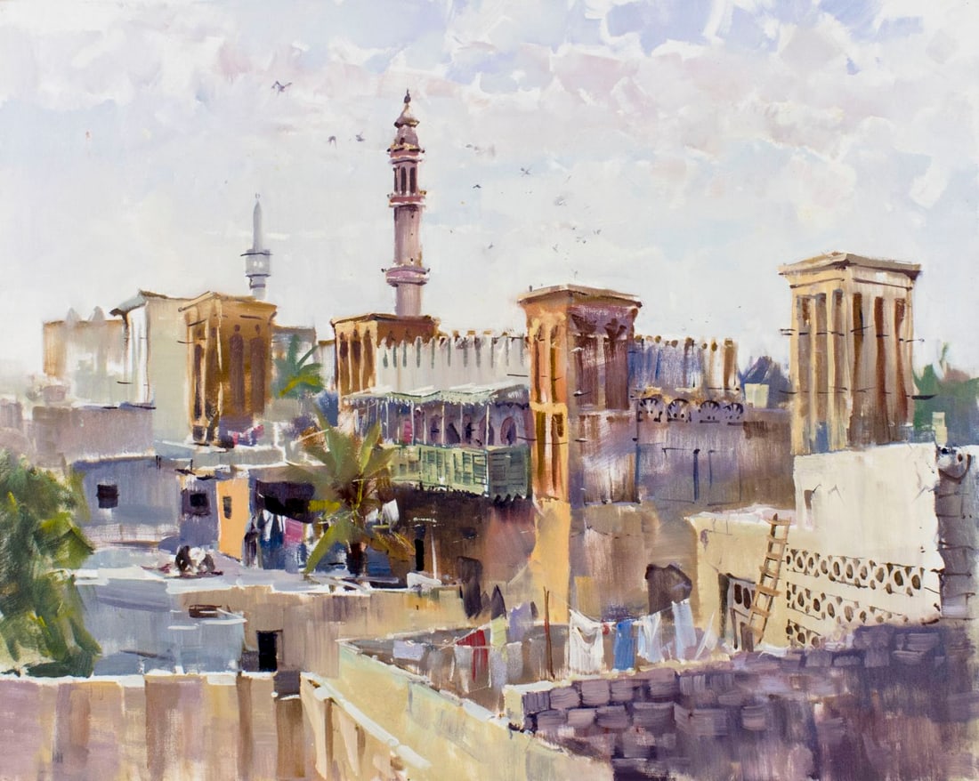 Peter Williams (NY,New Zealand,1934-2018) oil painting: ARTIST: Peter Williams (New York, New Zealand, 1934 - 2018) TITLE: Middle Eastern Cityscape MEDIUM: oil on canvas CONDITION: Very good. No visible inpaint under UV light. ART SIZE: 24 x 30 inches / 60