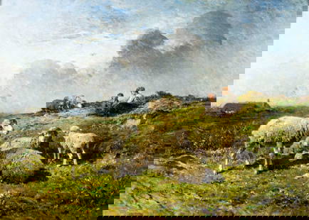 Felix Brissot de Warville (French,1818-1892) oil painting antique: ARTIST: Felix Saturnin Brissot de Warville (France, 1818 - 1892) TITLE: Pastoral Landscape with Sheep MEDIUM: oil on board CONDITION: Few minor paint losses along edges. One small faint scratch. No vi