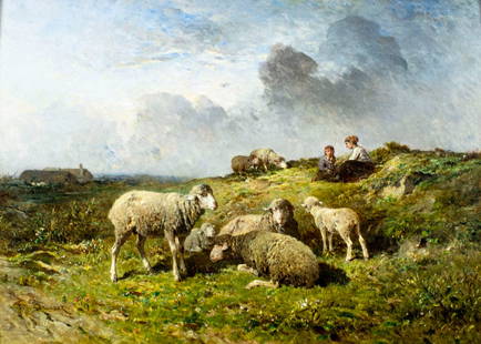 Felix Brissot de Warville (French,1818-1892) oil painting antique: ARTIST: Felix Saturnin Brissot de Warville (France, 1818 - 1892) TITLE: Pastoral Landscape with Sheep MEDIUM: oil on board CONDITION: Few minor paint losses along edges. One small faint scratch. No vi