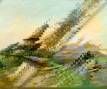 ATTRIB Arnold Marc Gorter (Dutch,1866-1933) oil painting antique: ARTIST: ATTRIBUTED TO Arnold Marc Gorter (Netherlands, 1866 - 1933) TITLE: Dutch Country Scene MEDIUM: oil on canvas CONDITION: Few patches. Some small paint losses.Some craquelure. Some scattered inp