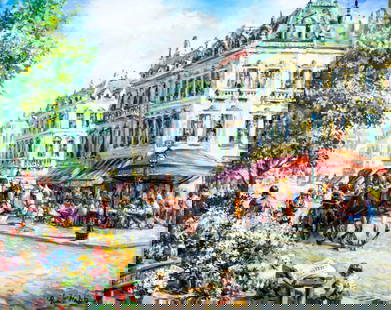 Eva Makk (Hawaii,Ethiopia,b 1933) oil painting: ARTIST: Eva Holusa Makk (Hawaii, Ethiopia, born 1933) TITLE: Cityscape - Spring Day (titled on verso) MEDIUM: oil on canvas CONDITION: Very minor craquelure. No visible inpaint under UV light. Wear to