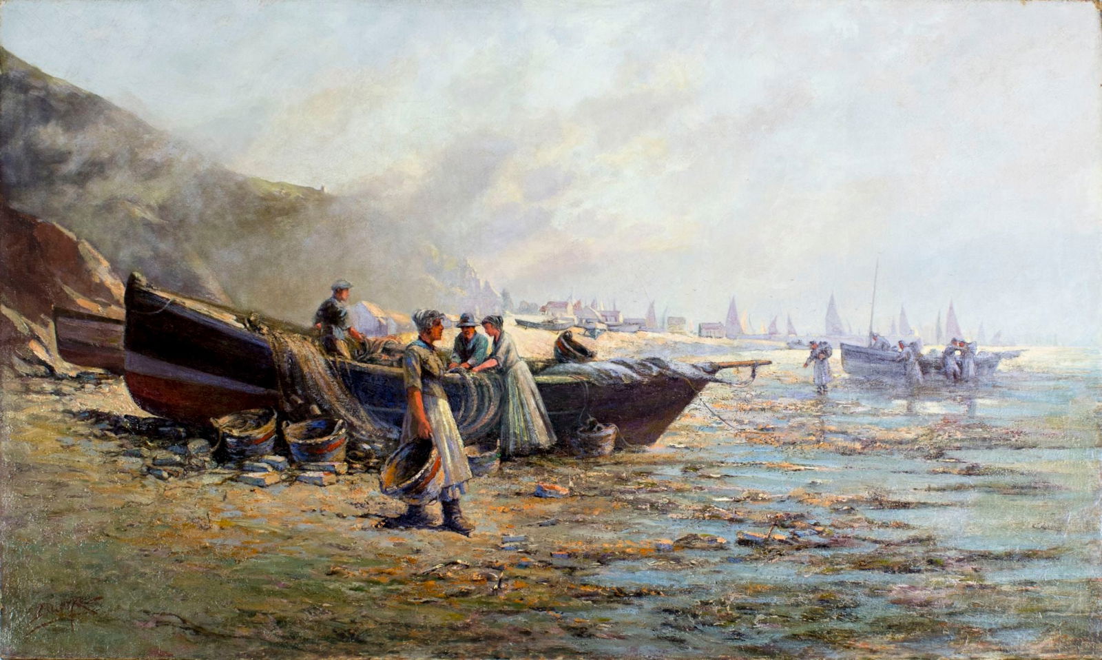 Milton Burns (NY,OH,1853-1933) oil painting antique: ARTIST: Milton James Burns (New York, Ohio, 1853 - 1933) NAME: Fisherfolk on the Beach MEDIUM: oil on canvas CONDITION: Relined. Restretched. Some craquelure. Some scattered inpaintings. SIGHT SIZE: 2