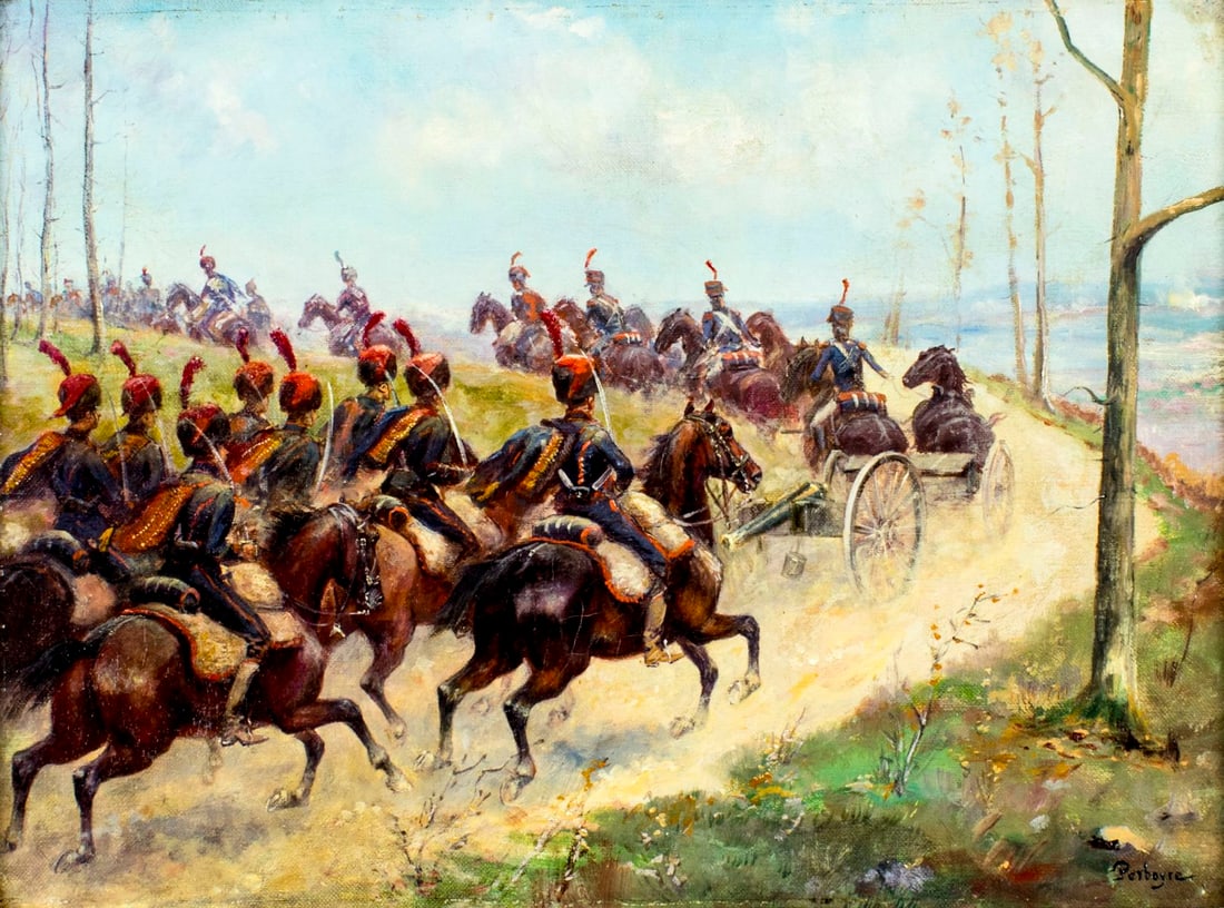 Paul Emile Perboyre (French,1851-1929) oil painting antique: ARTIST: Paul Emile Leon Perboyre (France, 1851 - 1929) NAME: Soldiers Going to Battle MEDIUM: oil on canvas CONDITION: Very minor stable craquelure. No visible inpaint under UV light. Wear to frame. S