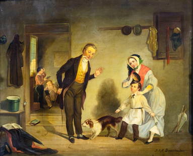 ATTRIB Jan Damschroeder (Dutch,German,1825-1905) oil painting antique: ARTIST: ATTRIBUTED TO Jan Jac Matthys Damschreuder (Netherlands, Germany, Denmark, 1825 - 1905) TITLE: Interior Scene MEDIUM: oil on canvas CONDITION: Few minor paint losses. Few small faint scratches