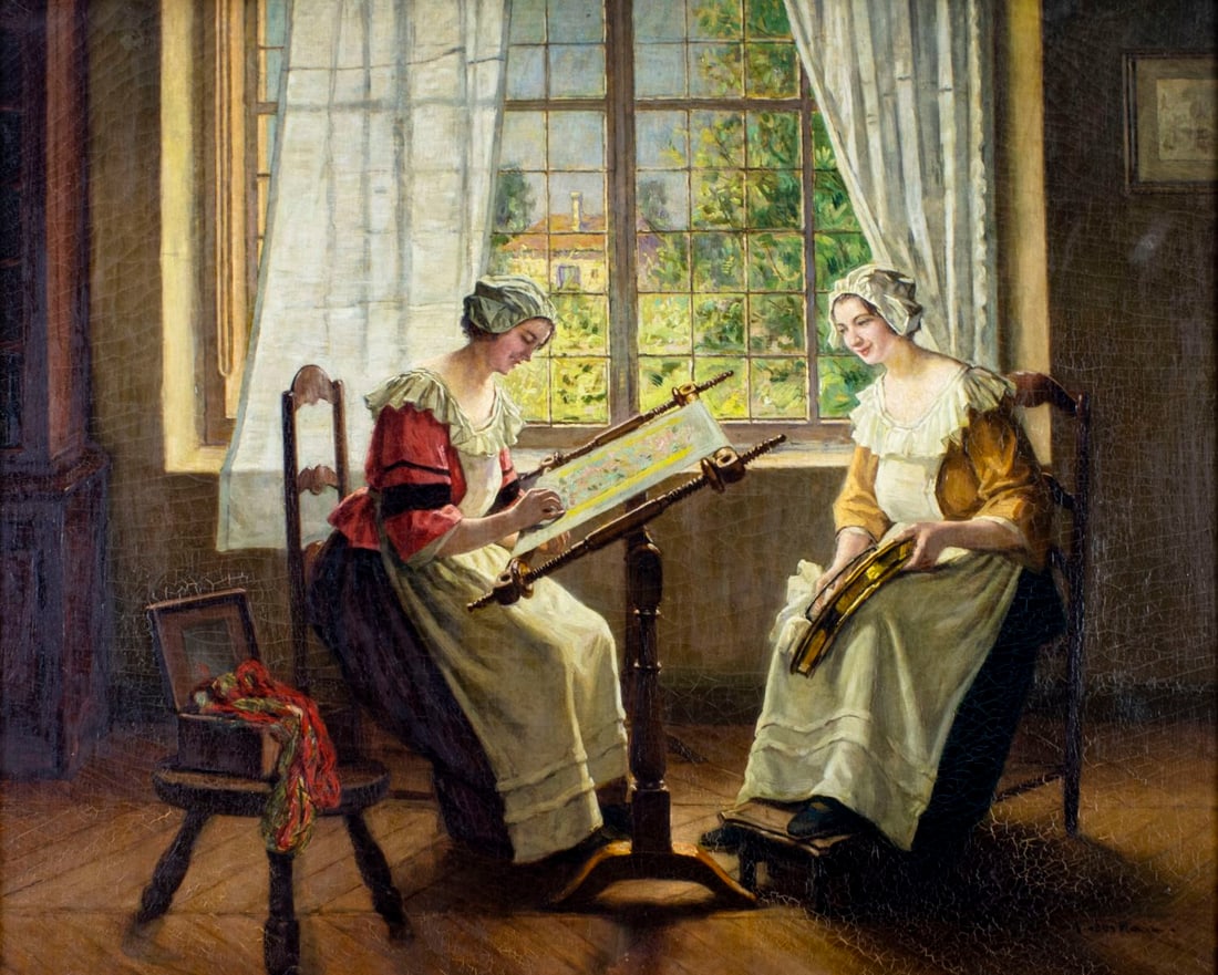 Albert Sorkau (French,1874-1951) oil painting: ARTIST: Albert Sorkau (France, 1874 - 1951) TITLE: Two Women Embroidering MEDIUM: oil on canvas CONDITION: Few minor paint losses. Some craquelure. Few small scattered inpaintings. Some damages to fra