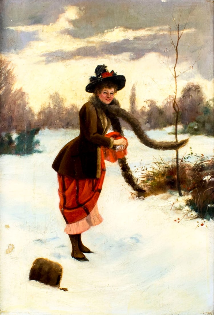 Antique 19C British oil painting: ARTIST: - (United Kingdom, 19 century) TITLE: Lady in Winter Setting MEDIUM: oil on canvas CONDITION: Few small paint losses. Some craquelure. No visible inpaint under UV light. Minor damages to frame