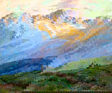 John Modesitt (CA,NY,NM,b 1955) oil painting: ARTIST: John Modesitt (California, New York, New Mexico, France, born 1955) TITLE: Sierra Pack Riders MEDIUM: oil on canvas CONDITION: Few small paint losses along edges. No visible inpaint under UV l