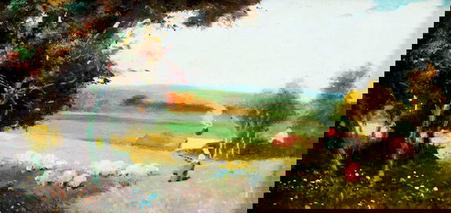 Joan Giralt Lerin (Spain,1907-?) oil painting: ARTIST: Joan Giralt Lerin (Spanish, 1907 - ???) TITLE: Country Landscape MEDIUM: oil on canvas CONDITION: Very good. No visible inpaint under UV light. ART SIZE: 6 x 12 inches / 15 x 30 cm FRAME SIZE: