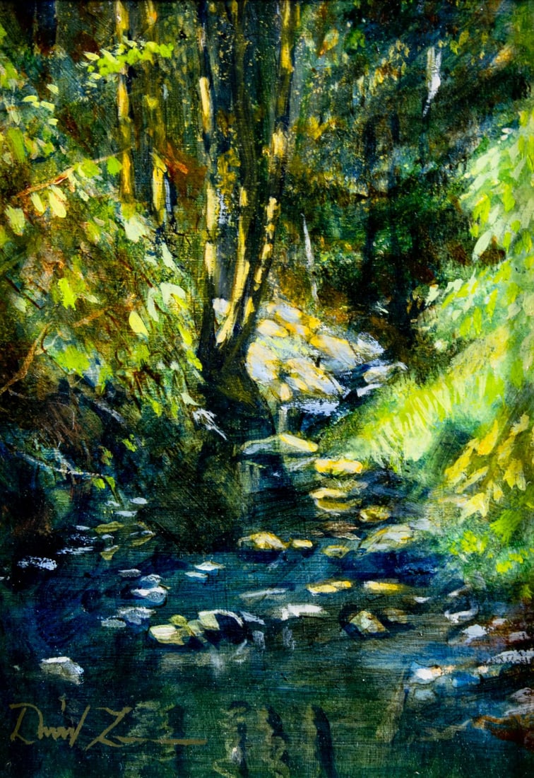 David Zimmerman (NC,b 1946) oil painting 126384: ARTIST: David Zimmerman (North Carolina, born 1946) TITLE: Landscape - The Millrace (titled on label) YEAR: 1998 MEDIUM: oil on board CONDITION: Very good. No visible inpaint under UV light. ART SIZE: