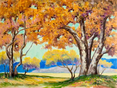 William Hamilton Jr (CA,IN,1901-1984) oil painting: ARTIST: William Albert Hamilton Jr (California, Indiana, 1901 - 1984) NAME: Landscape - Autumn Gold (titled on verso) MEDIUM: oil on canvas board CONDITION: Very good. No visible inpaint under UV ligh