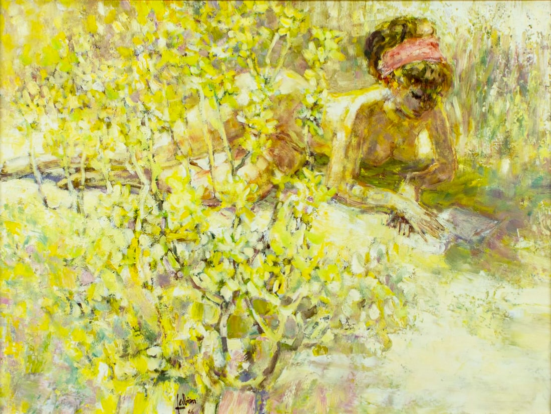 Louis Fabien (US,French,1924-?) oil painting: ARTIST: Louis P Fabien (American, Belgium, France, 1924 - ???) TITLE: Nude Reading Book YEAR: 1966 MEDIUM: oil on canvas CONDITION: Minor craquelure in upper right corner. No visible inpaint under UV 