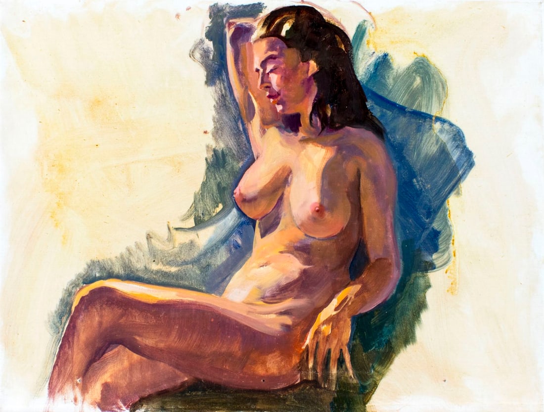 Peter Williams (NY,New Zealand,1934-2018) oil painting: ARTIST: Peter Williams (New York, New Zealand, 1934 - 2018) TITLE: Reclining Nude MEDIUM: oil on canvas CONDITION: Three nail holes along lower edge. No visible inpaint under UV light. ART SIZE: 18 x