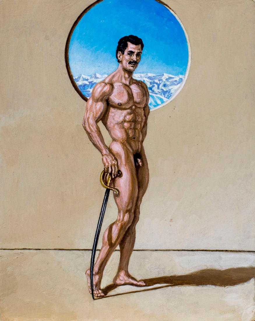 Joseph Regan (US,20C) acrylic painting: ARTIST: Joseph Regan (American, 20 century) TITLE: Nude Male with Sword MEDIUM: acrylic on board CONDITION: Very good. No visible inpaint under UV light. ART SIZE: 12 x 10 inches / 30 x 25 cm FRAME SI