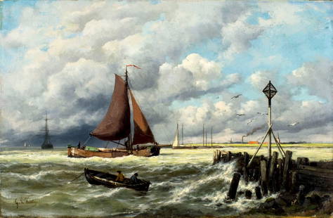George Laurens Kiers (Dutch,1838-1916) oil painting antique: ARTIST: George Laurens Kiers (Netherlands, 1838 - 1916) NAME: Seascape with Fishing Boats MEDIUM: oil on canvas CONDITION: One patch. Minor craquelure. Minor inpainting along edges. SIGHT SIZE: 17 1/2