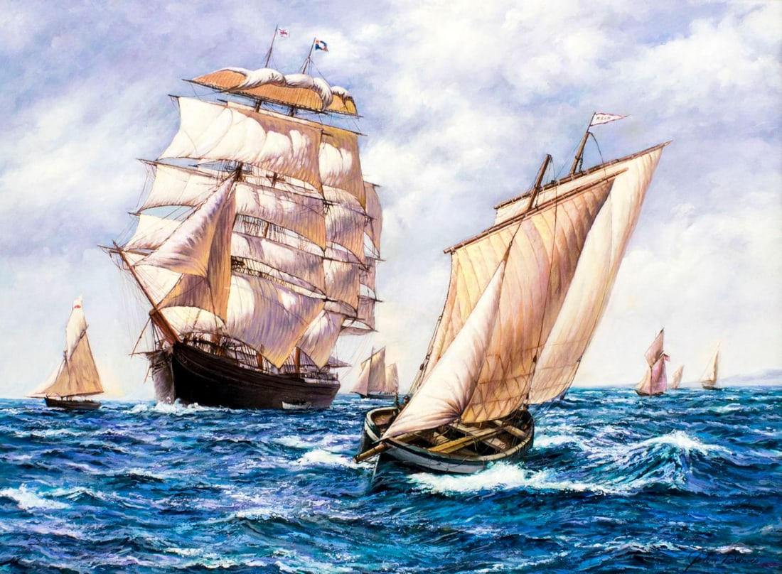 John Davis (US,20C) oil painting: ARTIST: John Davis (American, 20 century) NAME: Boats at Sea MEDIUM: oil on canvas CONDITION: Very good. No visible inpaint under UV light SIGHT SIZE: 30 x 40 inches / 76 x 101 cm FRAME SIZE: 34 x 44