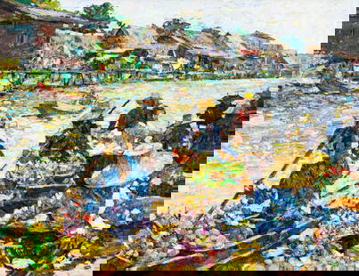 Patamares Livisit (Thai,b 1960) oil painting: ARTIST: Patamares Livisit (Thailand, born 1960) NAME: Fruit Vendors on the Canal YEAR: 2003 MEDIUM: oil on canvas CONDITION: Very good. No visible inpaint under UV light. Wear to frame. SIGHT SIZE: 26