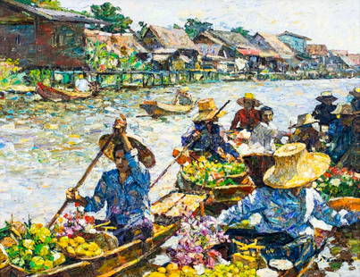 Patamares Livisit (Thai,b 1960) oil painting: ARTIST: Patamares Livisit (Thailand, born 1960) NAME: Fruit Vendors on the Canal YEAR: 2003 MEDIUM: oil on canvas CONDITION: Very good. No visible inpaint under UV light. Wear to frame. SIGHT SIZE: 26