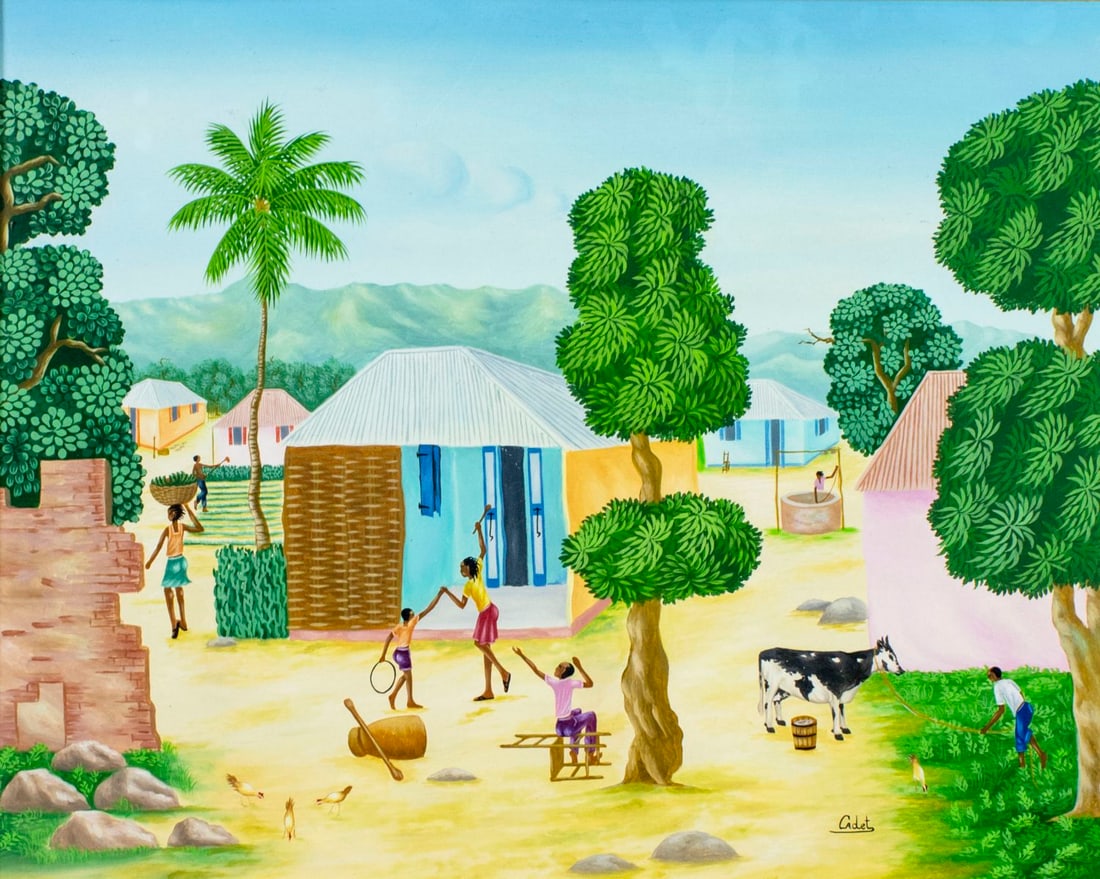 Cadet (Haiti,20C) oil painting: ARTIST: Cadet (Haitian, 20 century) TITLE: Haitian Village Scene MEDIUM: oil on board CONDITION: One faint scratch. No visible inpaint under UV light. ART SIZE: 16 x 20 inches / 40 x 50 cm FRAME SIZE: