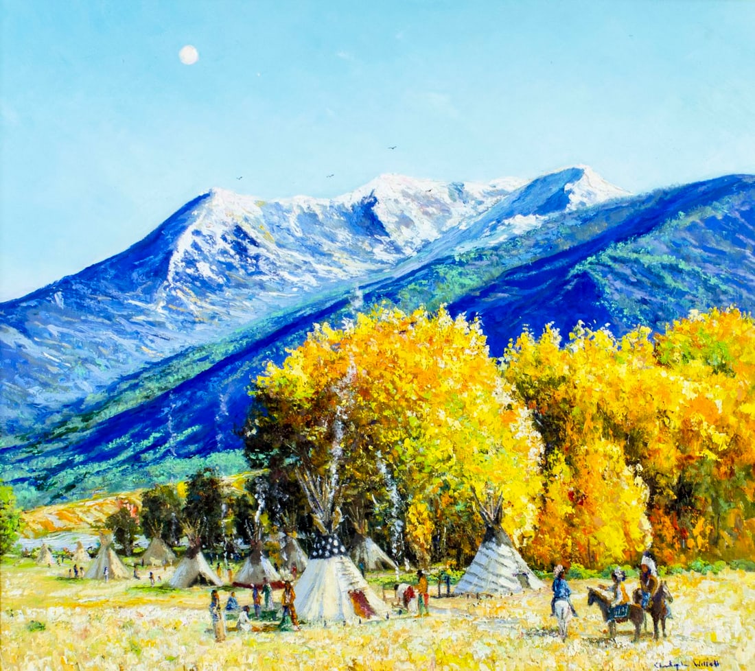 Christopher Willett (PA,b 1959) oil painting: ARTIST: Christopher G Willett (Pennsylvania, born 1959) TITLE: Fall Camp, Shoshone Indian Camp, ID (titled on verso) MEDIUM: oil on board CONDITION: Very good. No visible inpaint under UV light. Some