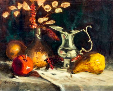 W Ray Stevens (IN,1924-2008) oil painting: ARTIST: W Ray Stevens (Indiana, 1924 - 2008) NAME: Still Life with Pewter Pitcher (titled on verso) MEDIUM: oil on canvas board CONDITION: Very good. No visible inpaint under UV light. SIGHT SIZE: 16
